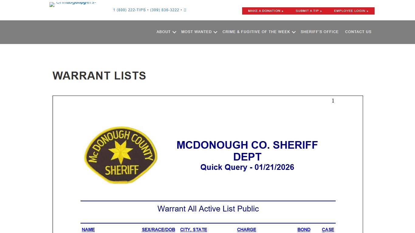 Warrant List - McDonough County Sheriffs Office / Macomb Area Crime Stoppers